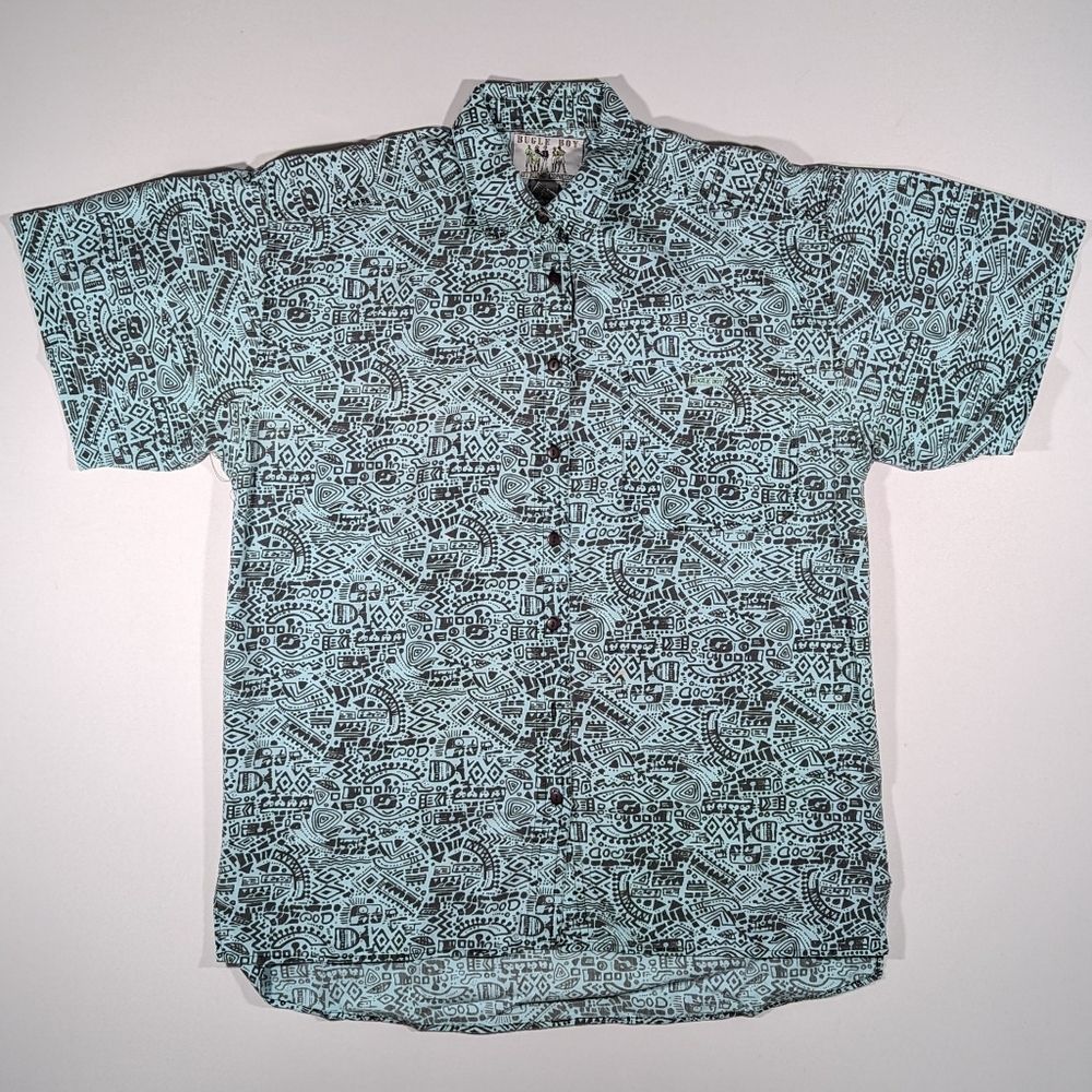 Vintage Bugle Boy Short Sleeve Dress Shirt Women's Size Medium Abstract 90s Teal